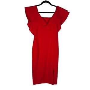 Bardot Womens Dress 6 Red Midi Ruffle Sheath Formal Cocktail Off The Shoulder